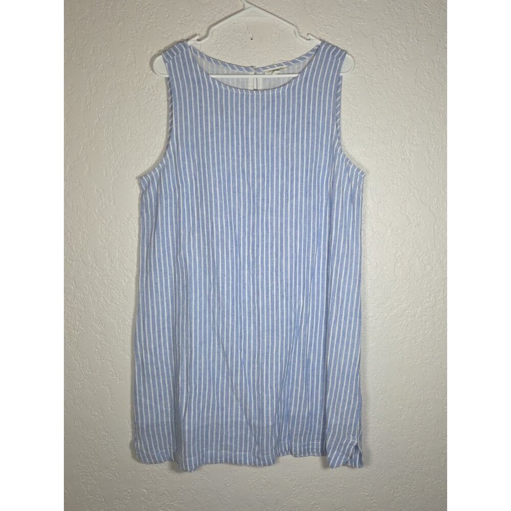 Beach Lunch Lounge Linen Sleeveless Dress  Large Blue White Striped Lined